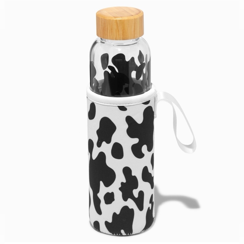 Black & White Cow Print Glass Water Bottle w/ Sleeve‎